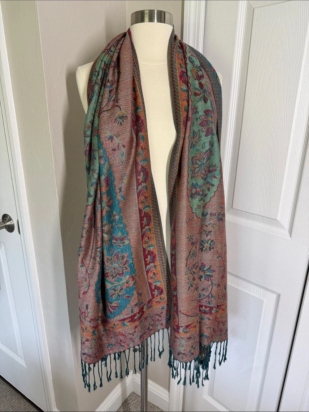 Teal, burgundy maroon and gold paisley print scarf/shawl pashmina
